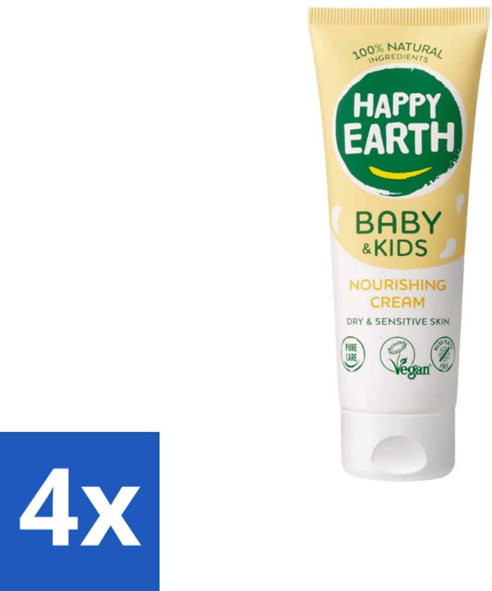 4 x Happy Earth – Nourishing Cream – 100% Natuurlijk Baby & Kids – 75 ml - Natuurlijke Crème - Gevoelige Huid - Baby Crème - Droge Huid - Sheaboter