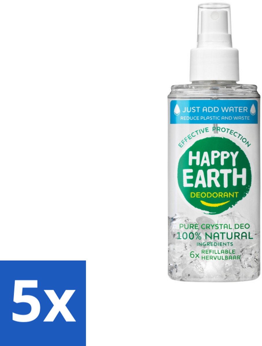 5 x Happy Earth – Deodorant Just-Add-Water Spray – 100% Natuurlijk Unscented – 100 ml - 100% Natuurlijke Deodorant - Just-add-water Deodorant - Aluinsteen Deodorant - Geurloze Deodorant - Hypoallergeen Deodorant