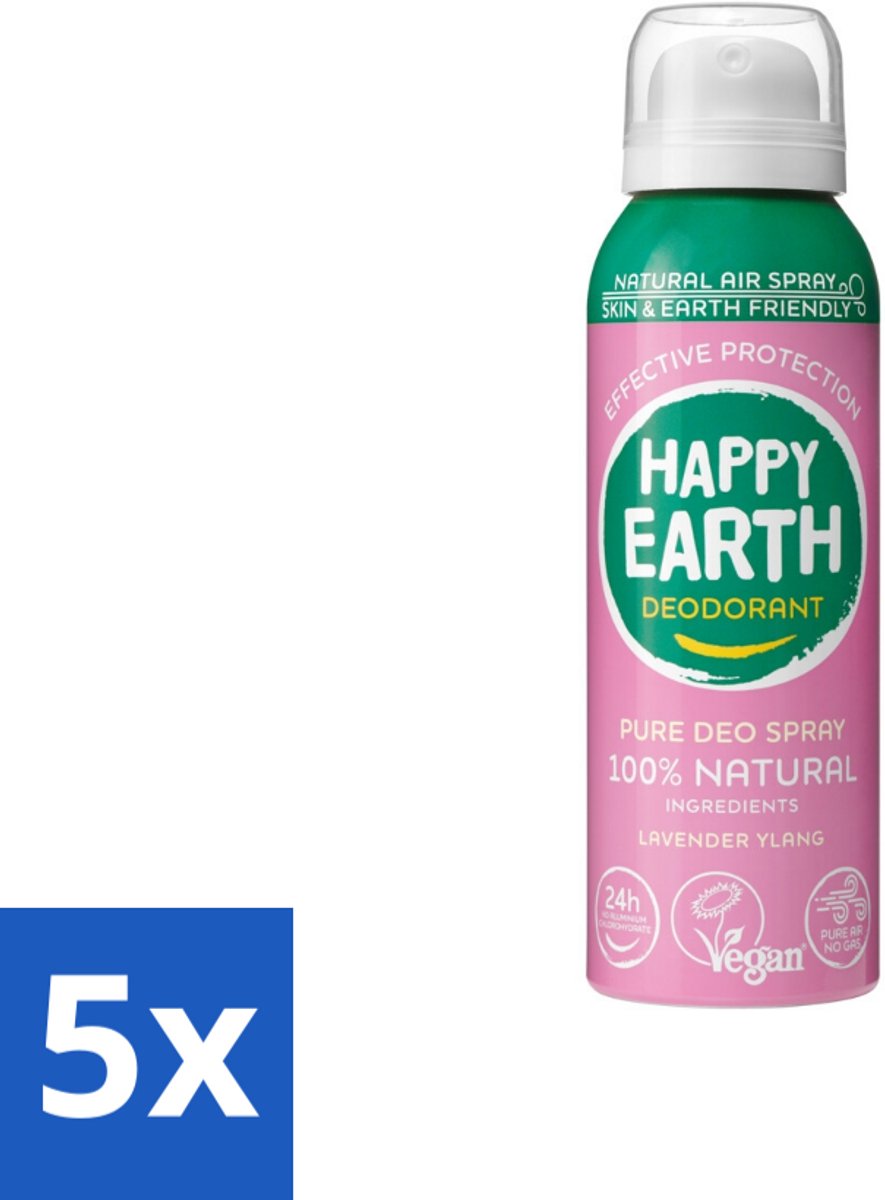 5 x Happy Earth – Deodorant Spray – 100% Natuurlijk Lavender Ylang – 100 ml - 100% Natuurlijke Deodorant - Natuurlijke Deodorant Spray - Deodorant Zonder Aluminium - Deodorant Met Lucht - Deodorant Lavendel Ylang