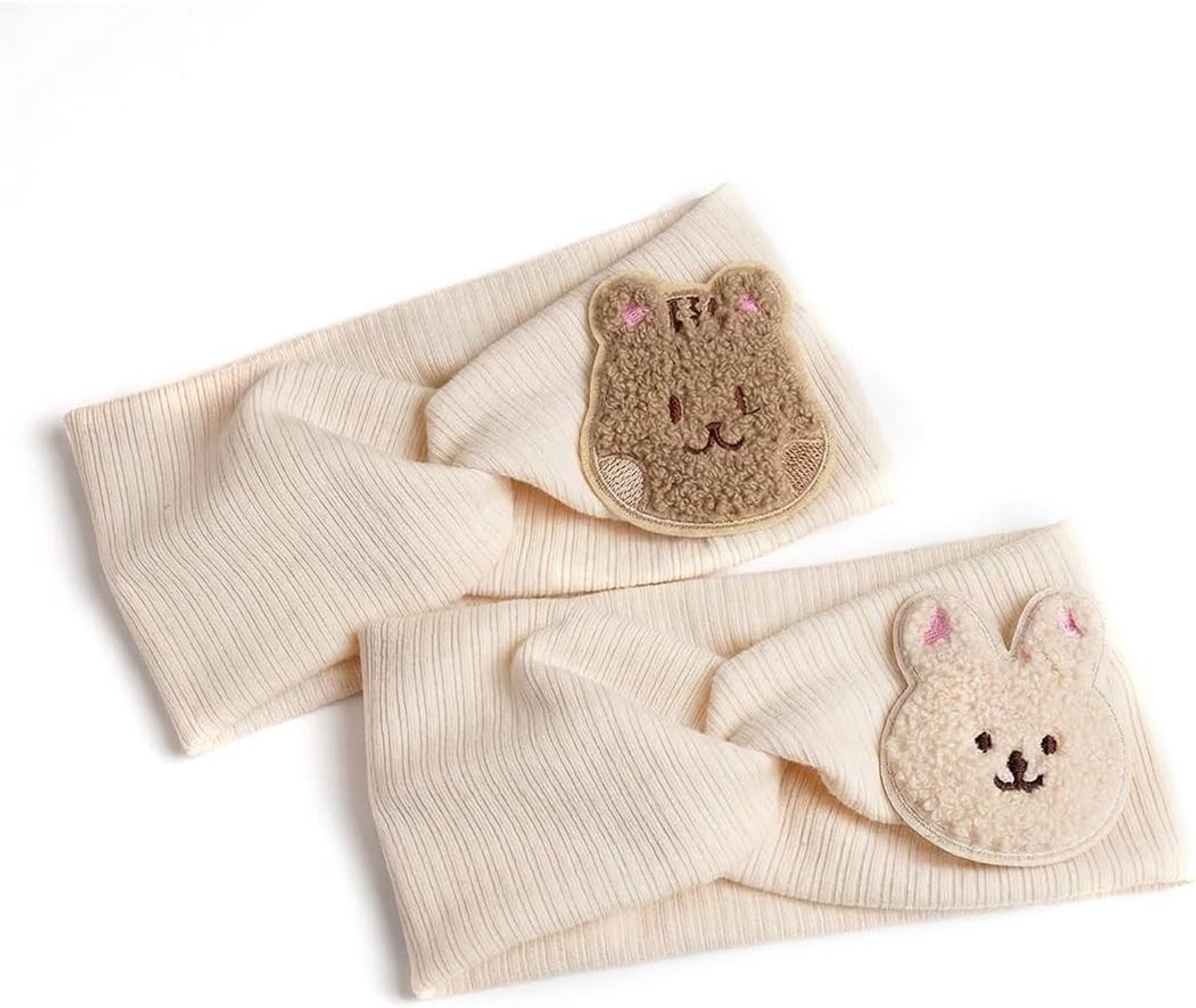 Set van 2 Bloemen Haarbanden voor Peuters, Zachte Elastische Cartoon Haarband met Knooppatroon en Dierenthema (Beige)