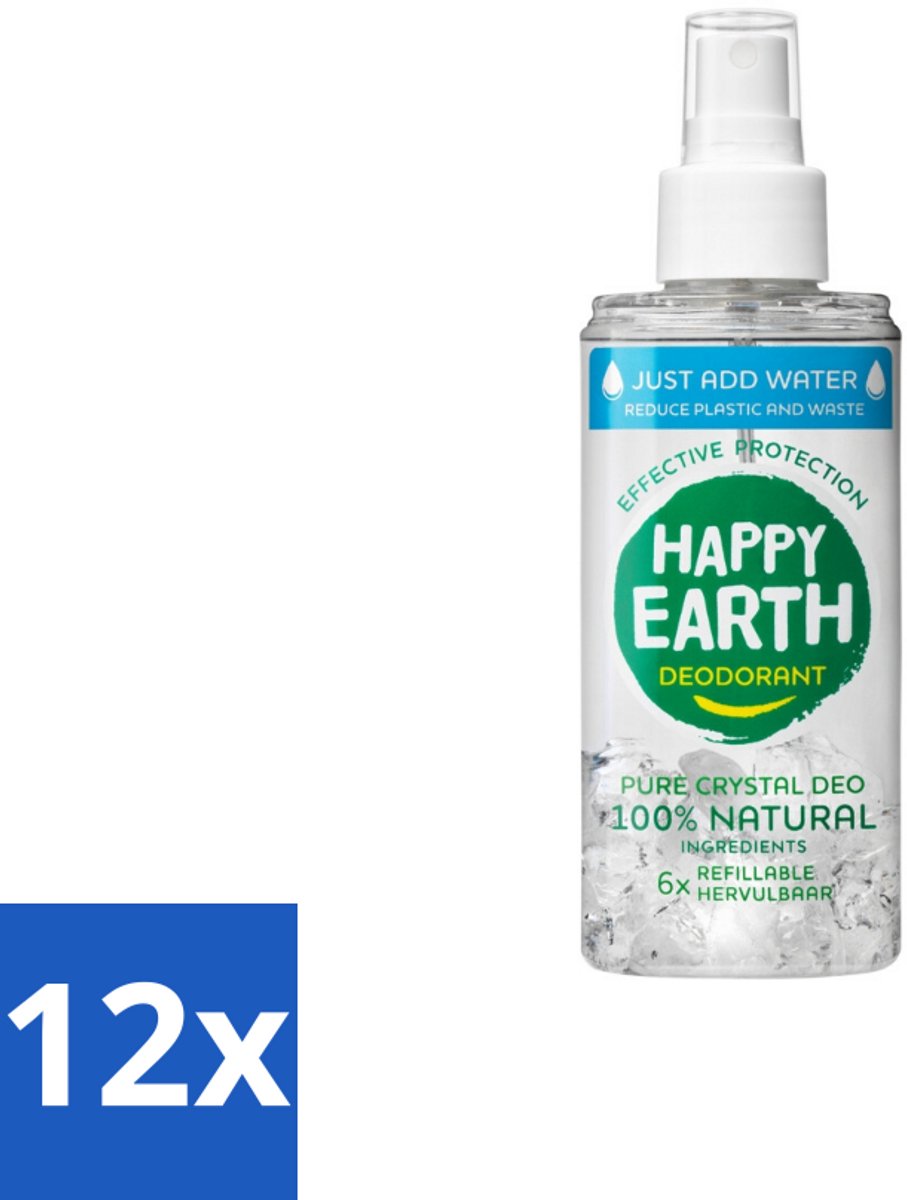 12 x Happy Earth – Deodorant Just-Add-Water Spray – 100% Natuurlijk Unscented – 100 ml - Natuurlijke Deodorant - Geurloze Deodorant - Aluinsteen Deodorant - Duurzame Deodorant - Waterdeodorant