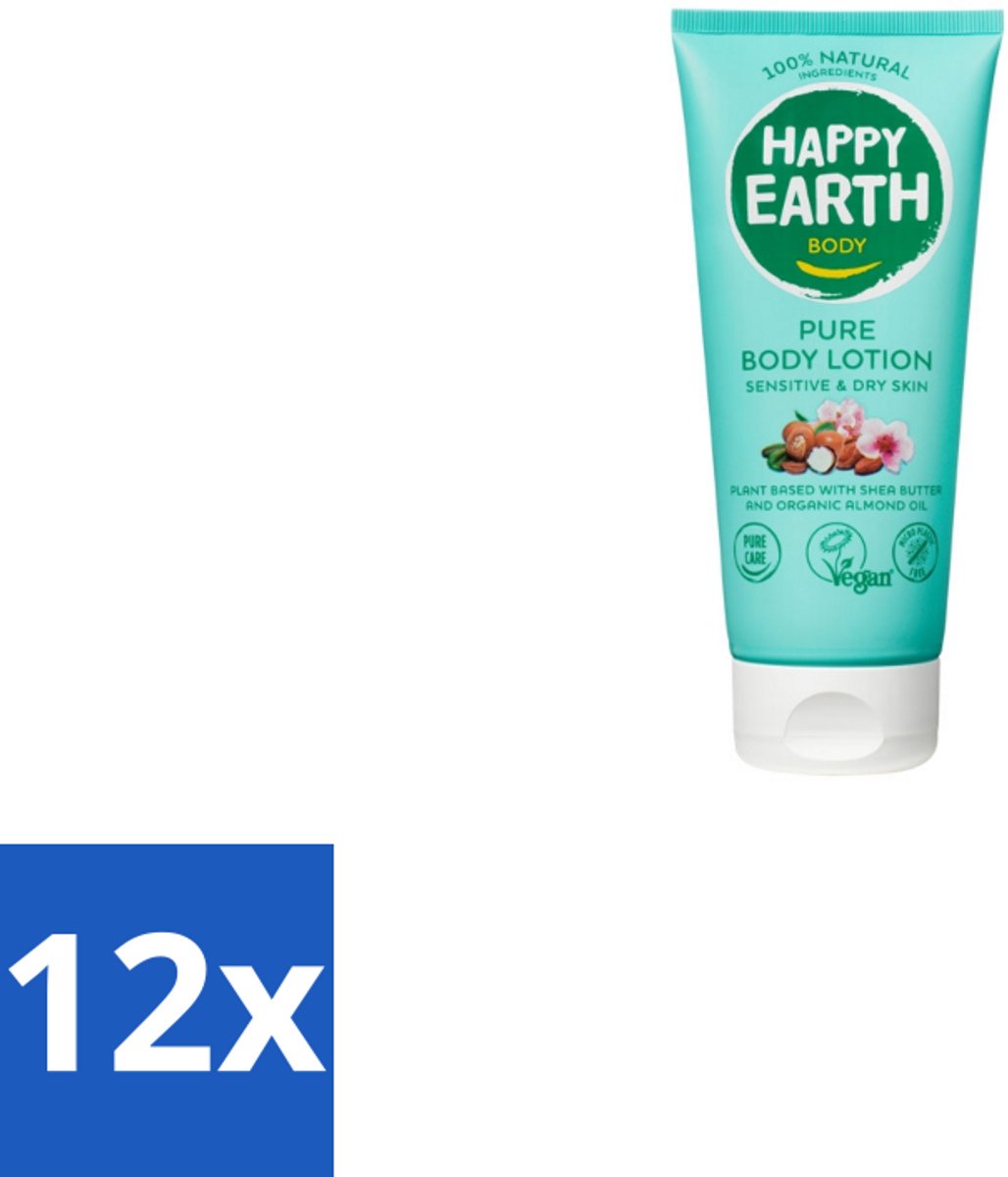 12 x Happy Earth – Bodylotion – 100% Natuurlijk – 200 ml - Natuurlijke Bodylotion - Vegan Bodylotion - Gezonde Huid - Droge Huid Verzorgen - Amandelolie