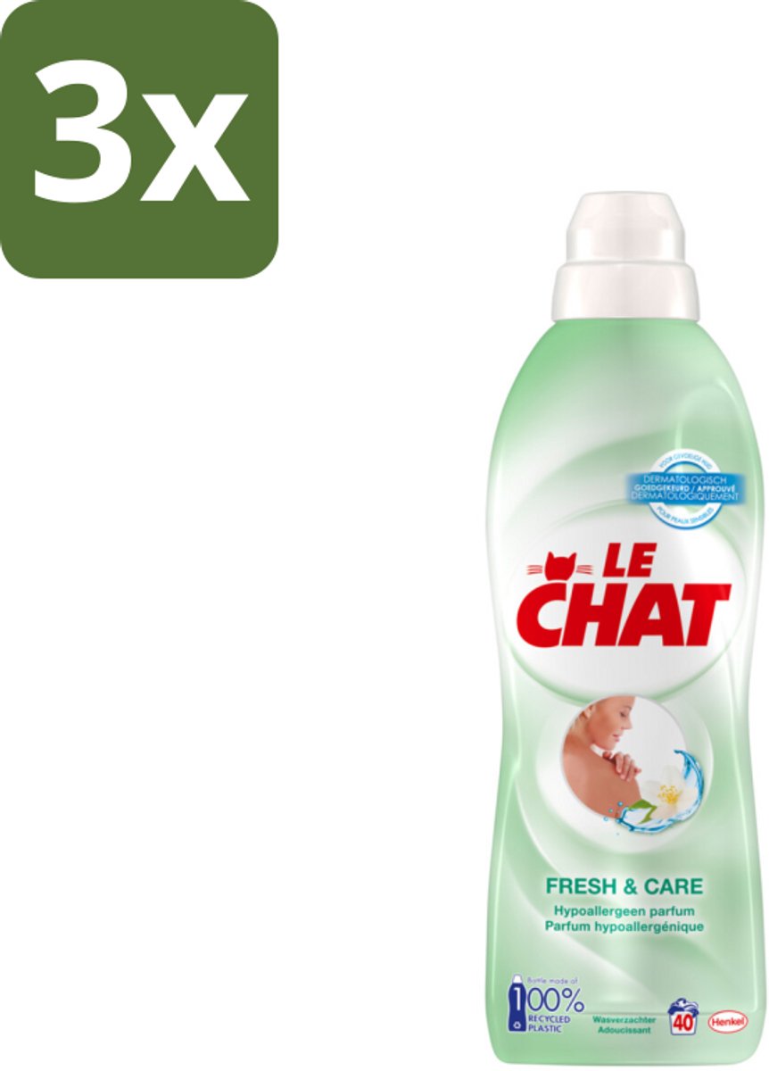 3 x Le Chat – Wasverzachter – Fresh & Care – 880 ml - Wasverzachter - Frisheid - Antistatisch - Kleding Verzachter - Textiel Verzachter