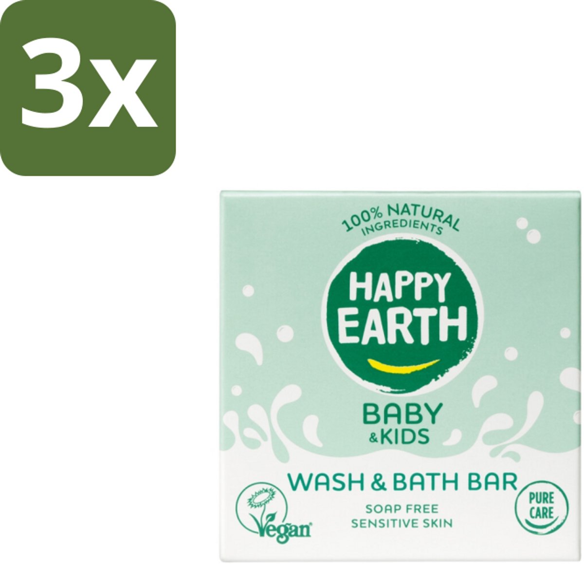 3 x Happy Earth – Wash & Bath Bar – 100% Natuurlijk Baby & Kids – 50 g - Baby Bad Bar - Natuurlijke Wasbar - Gevoelige Huid Verzorging - Zeepvrij Baby Was - Allergeen Baby Bad
