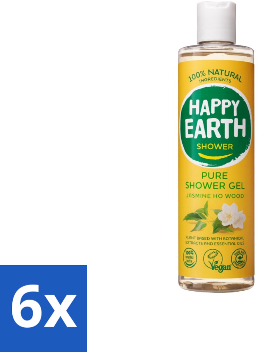 6 x Happy Earth – Douchegel – 100% Natuurlijk Jasmine Ho Wood – 300 ml - Natuurlijke Douchegel - Jasmijn En Ho Wood - Vegan Douchegel - Huidverzorging - Biologisch Afbreekbaar