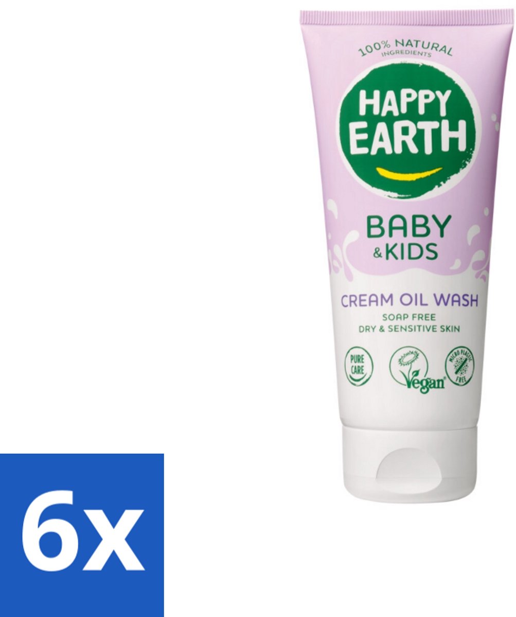 6 x Happy Earth – Cream Oil Wash – 100% Natuurlijk Baby & Kids – 200 ml - Babyolie - Gezichtsolie - Lichaamsoil - Natuurlijke Babyolie - Gezicht En Lichaam Verzorging