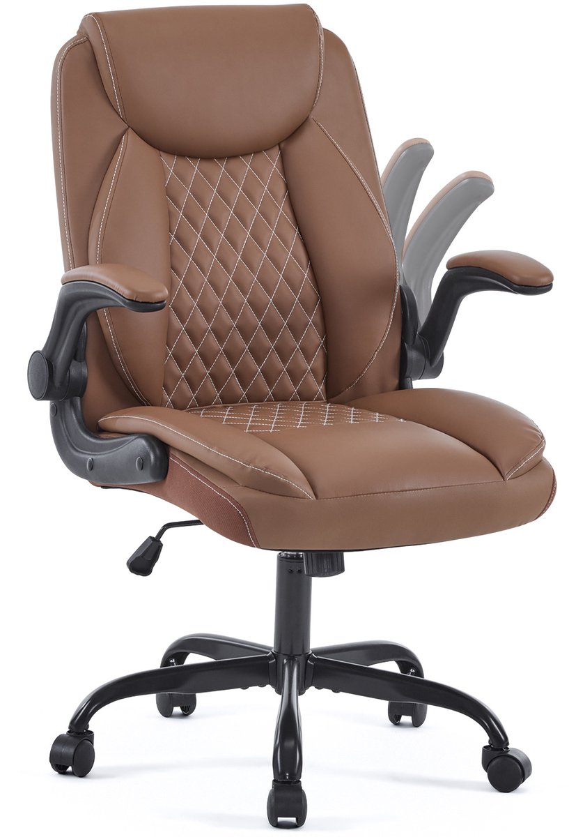 MIVRAY Bureaustoel 64 x 64 x 112 Cm - Ergonomisch Met Lendensteun En Opklapbare Armleuningen - Voor Thuis, Kantoor En Gaming - Leer Bruin