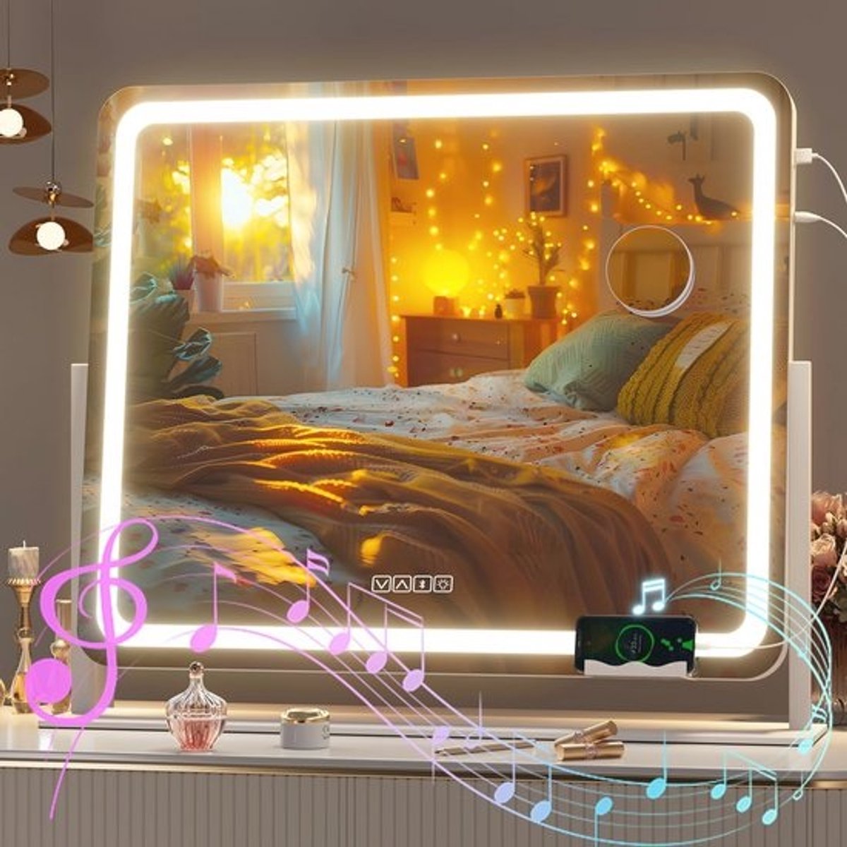 Make-upspiegel met Verlichting en Bluetooth-luidspreker - Dimbare LED Spiegel met 10x Vergroting en USB Oplaadpoort