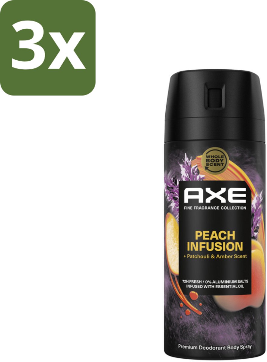 3 x Axe – Deodorant – Peach Infusion – 150 ml - Axe Peach Infusion - Deodorant Bodyspray - Frisheid - Lichaamsgeur - Patchoeli