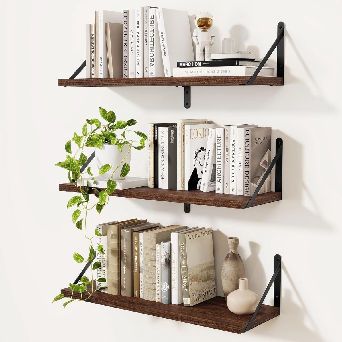 Set van 3 Wandplanken, Drijvende Planken met Beugels, Ideaal voor Keuken, Badkamer en Woonkamer (Walnoot, 60 x 20 cm)