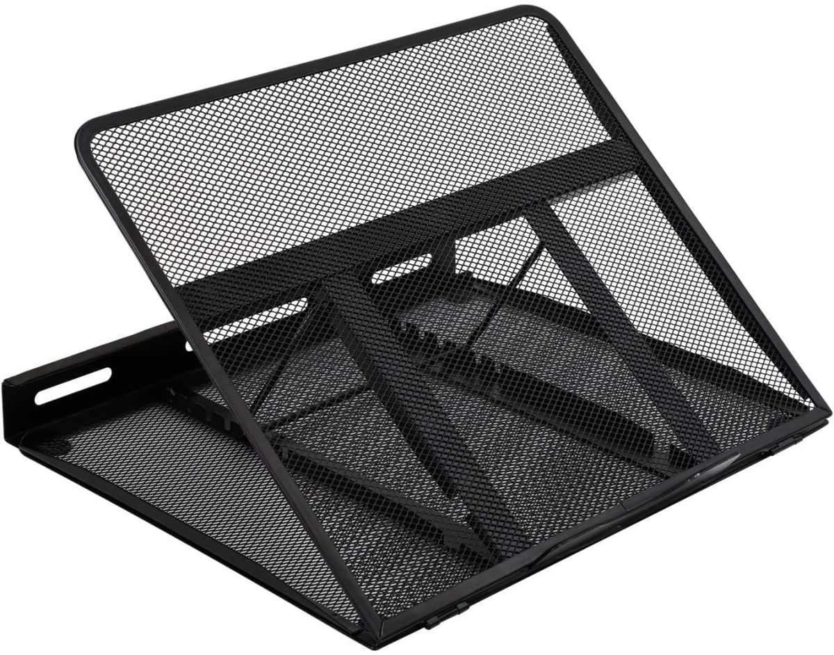 longziming - Laptopstandaard - Laptopverhoger - Verstelbare Laptopstand - 7 Hoogtestanden - Ergonomisch Ontwerp - Stalen Gaasconstructie - Antislip Pads - Voor 10 tot 17,3 Inch Laptops - Zwart - 1 Stuk