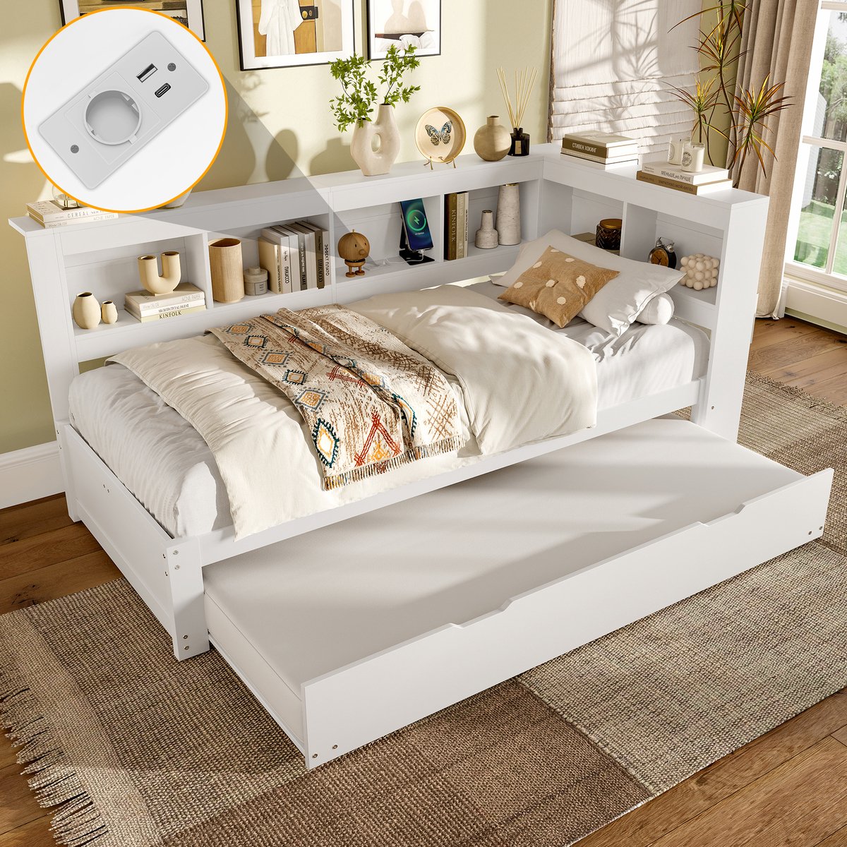 Dagbed slaapbank met uitschuifbed - 90x200 cm + 90x190 cm - Wit - Met stopcontact en 2 USB-poorten - Inclusief lattenbodem - Meerdere opbergvakken