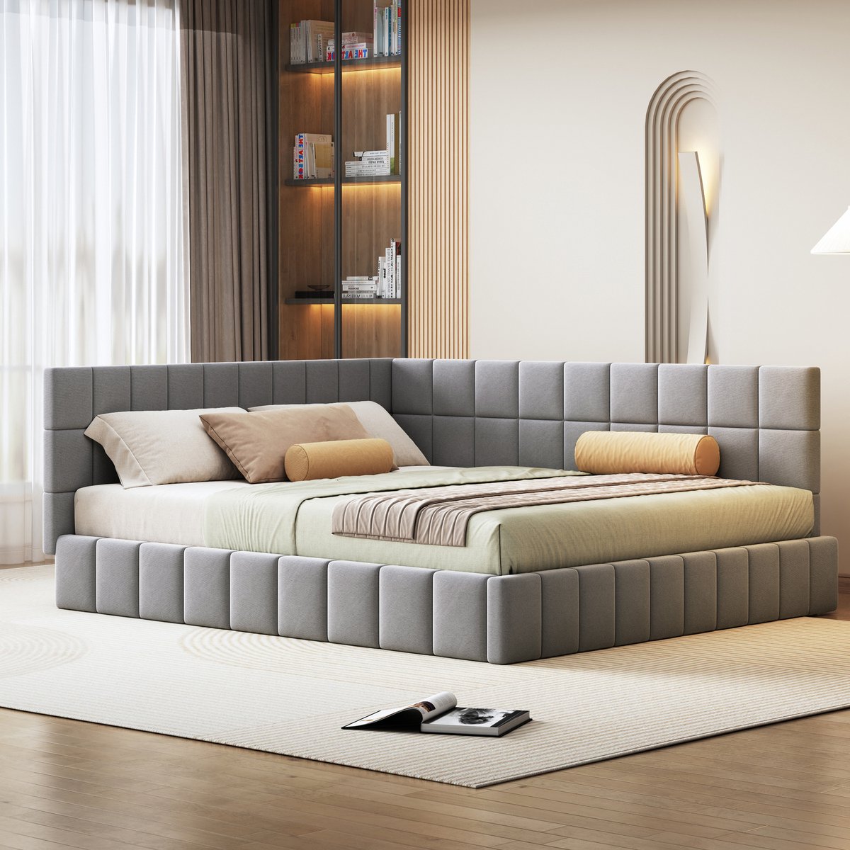 Gestoffeerd dagbed slaapbank 160x200 cm - Multifunctioneel bed en bank - Grijs - Zacht fluweel - Inclusief lattenbodem - Mid-century design - Tot 250 kg draagvermogen