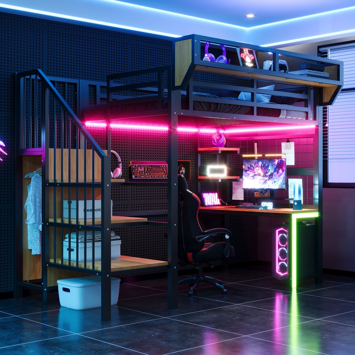Metalen hoogslaper met bureau, LED en stopcontacten - 90x200 cm eenpersoons - Zwart - Opbergnet en legplanken - Opbergtrap met kledingkast - Verhoogde veiligheidsreling