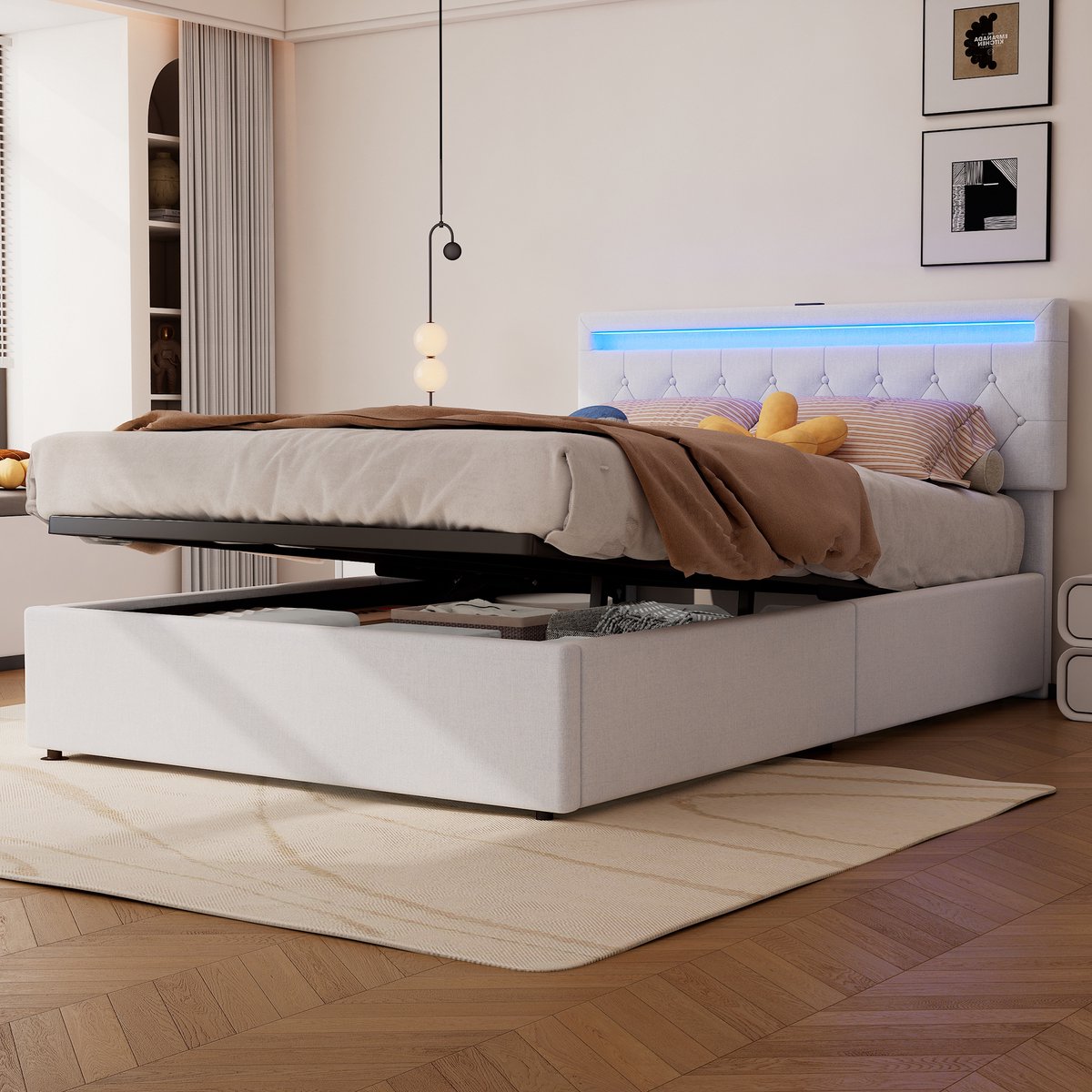 Gestoffeerd bed 140x200 cm - Hydraulische opbergruimte en app-gestuurde sfeerverlichting - Wit - Ademende linnen bekleding, 28-delige lattenbodem, USB-A en USB-C oplaadfunctie aan het hoofdeinde
