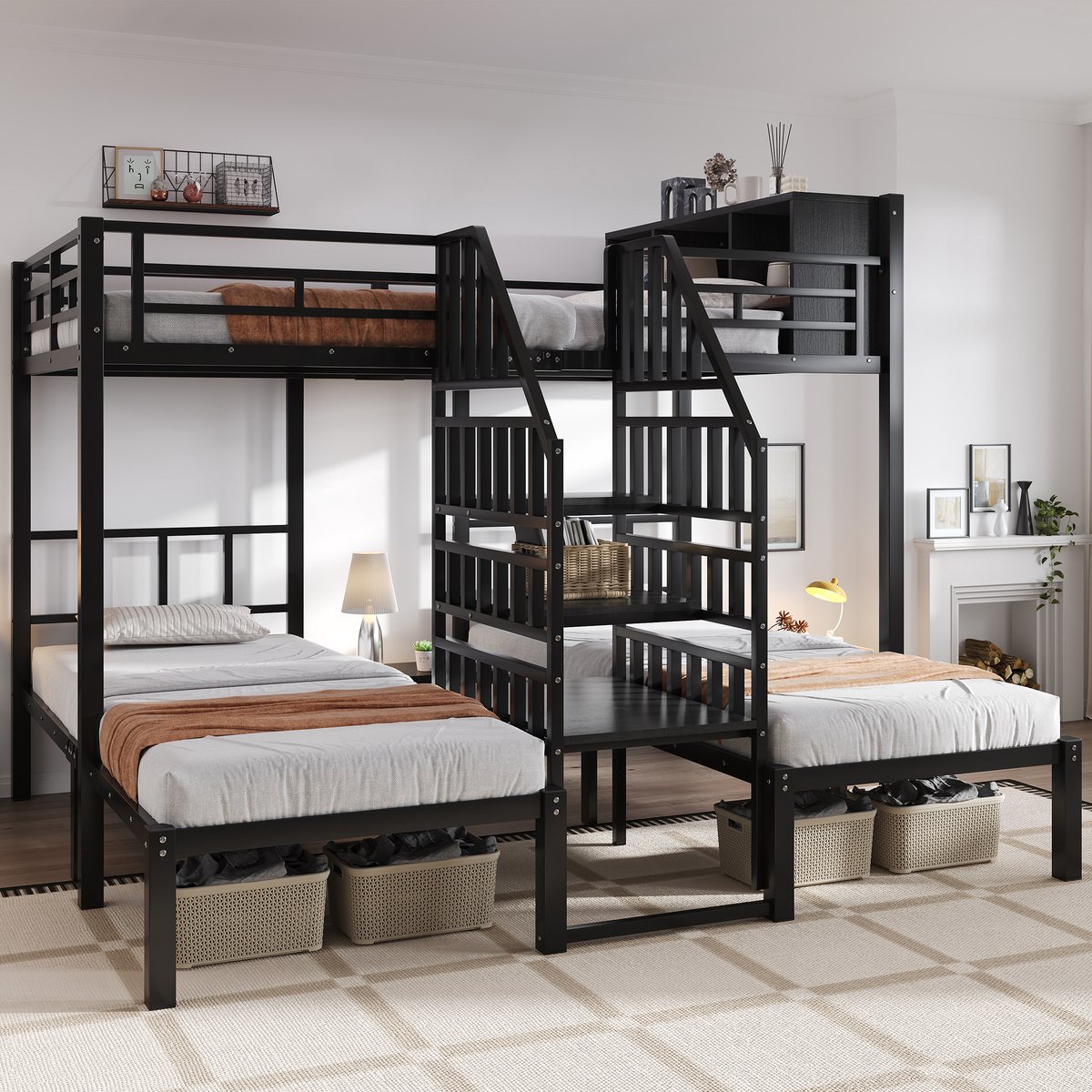 3-persoons metalen stapelbed - Geschikt als kinderbed, tienerbed en logeerbed - Boven 90x200, onder 140x200 cm - Zwart - Comfortabele trap met handgrepen - Opbergvak in bovenbed