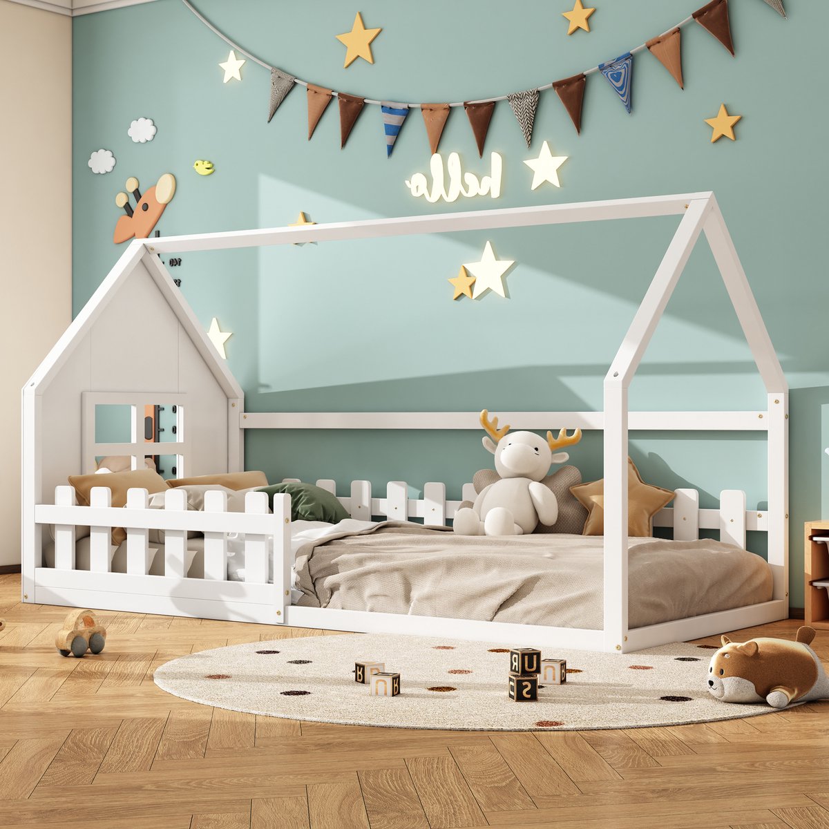Huisbed 90x200 cm - Kinderbed in huisvorm met dak - Wit - Stevig grenenhout en MDF - Inclusief 7-delige lattenbodem - Eenvoudige montage