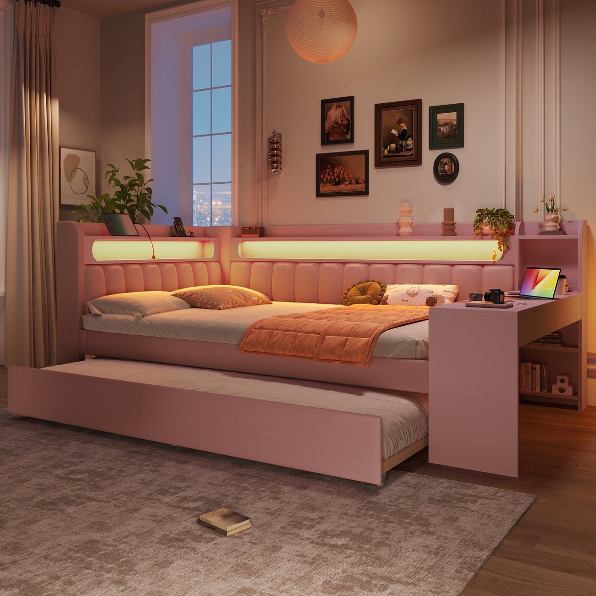 Gestoffeerd dagbed 140x200 cm - met uitschuifbed, bureau en LED-verlichting - tweepersoons - roze - USB-oplaadpoorten en 7 kleuren LED-strip