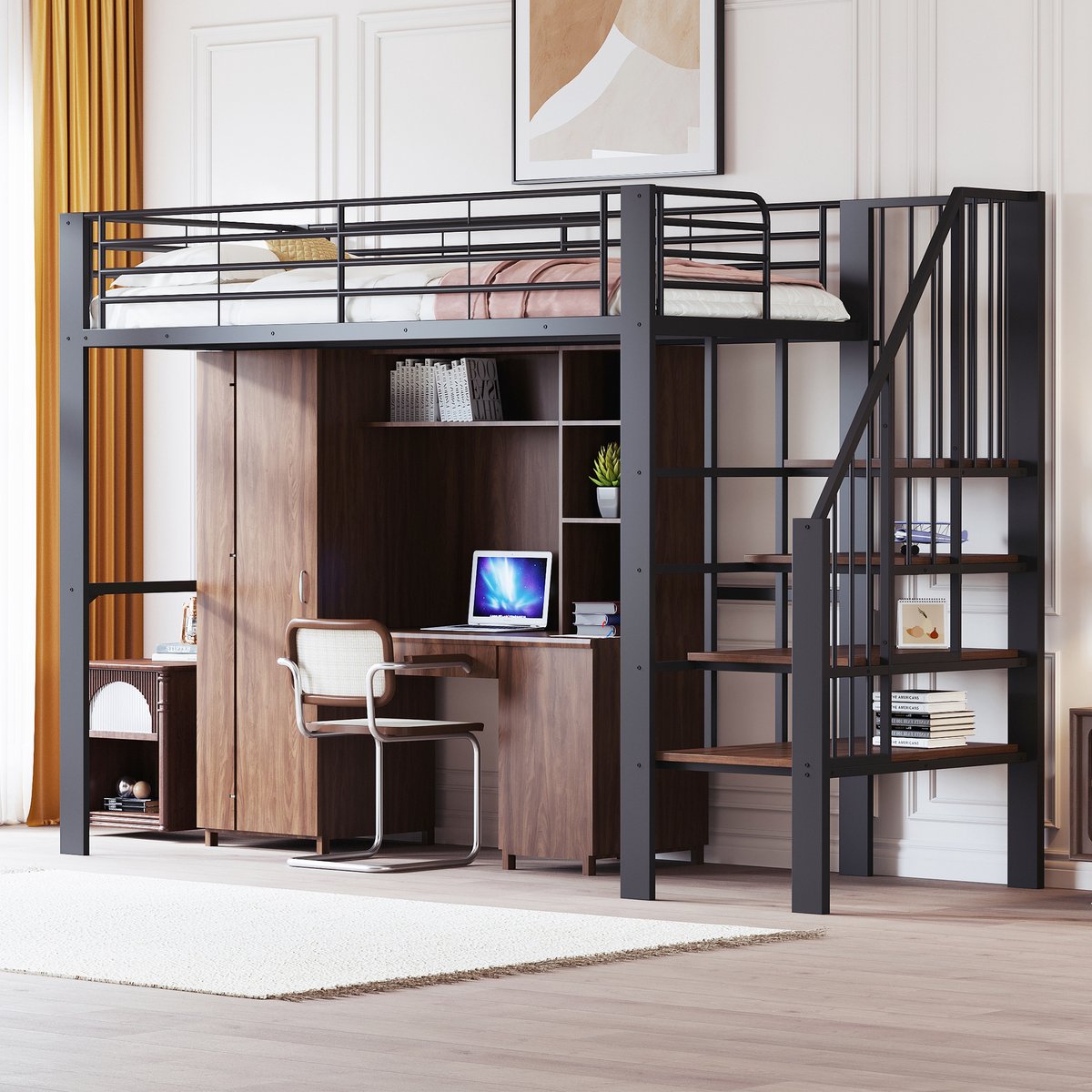 Metalen hoogslaper 90x200 cm - Ruimtebesparend met opbergruimte en trap - 1 persoon - Zwart - Veilige trap met brede treden - Stabiel metalen frame tot 120 kg - Geschikt voor kind en volwassene