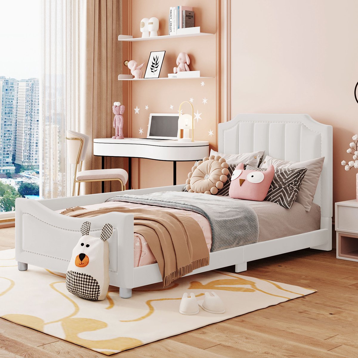 Kinderpolsterbed 90x200 cm - Multifunctionele slaapbank met armleuningen en rugleuning - Beige - Zachte flanellen bekleding en decoratieve nagelkoppen - Geschikt als ouder-kindbed en logeerbed