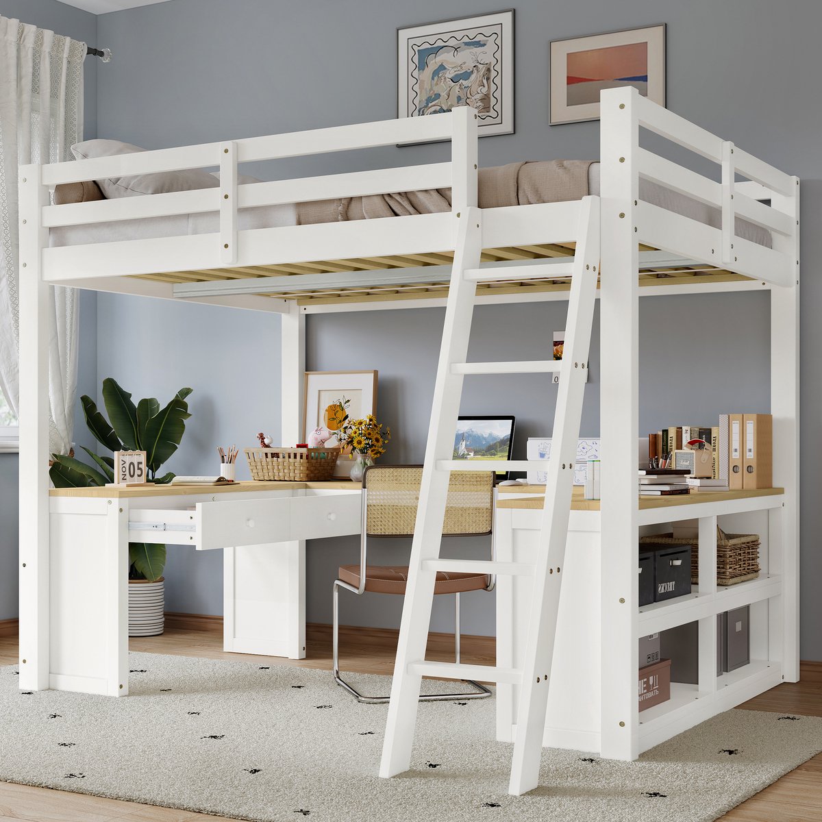 Hoogslaper 140x200 cm - compleet speel- en studeerbed voor de kinderkamer - wit+natuur - U-vormig bureau met opbergrek en twee lades - 5-traps schuine ladder