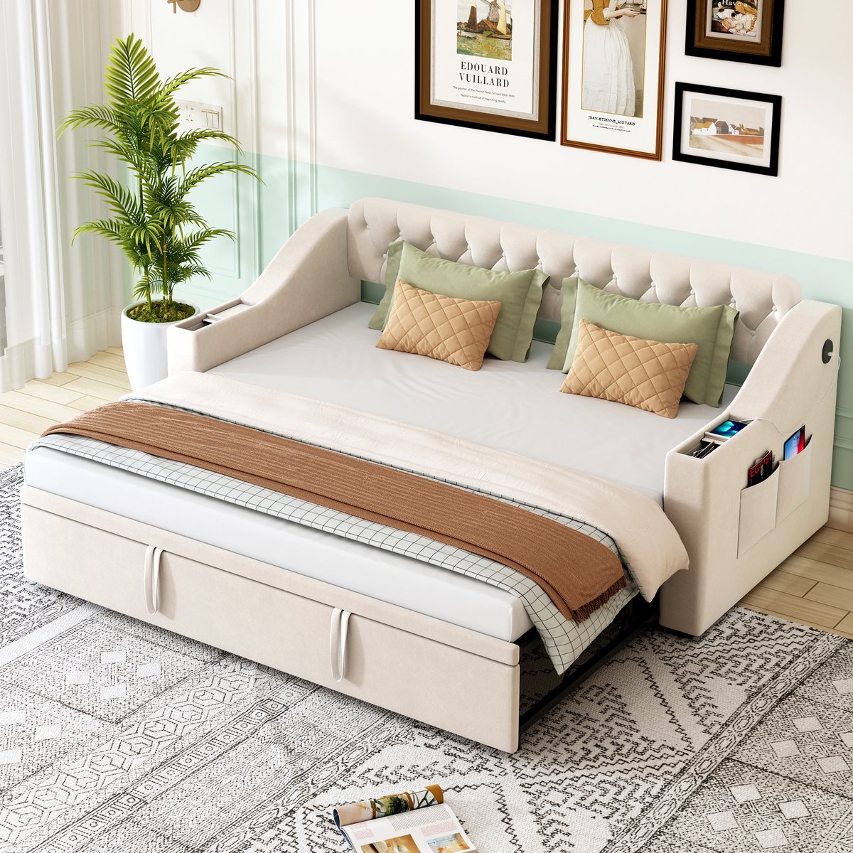 Gestoffeerd slaapsofa - Uitschuifbaar tot tweepersoonsbed - 90/180x190 cm - Beige - Extra dikke armleuningen met USB-C en opbergvakken - Inclusief lattenbodem met 22 latten - Tot 300 kg