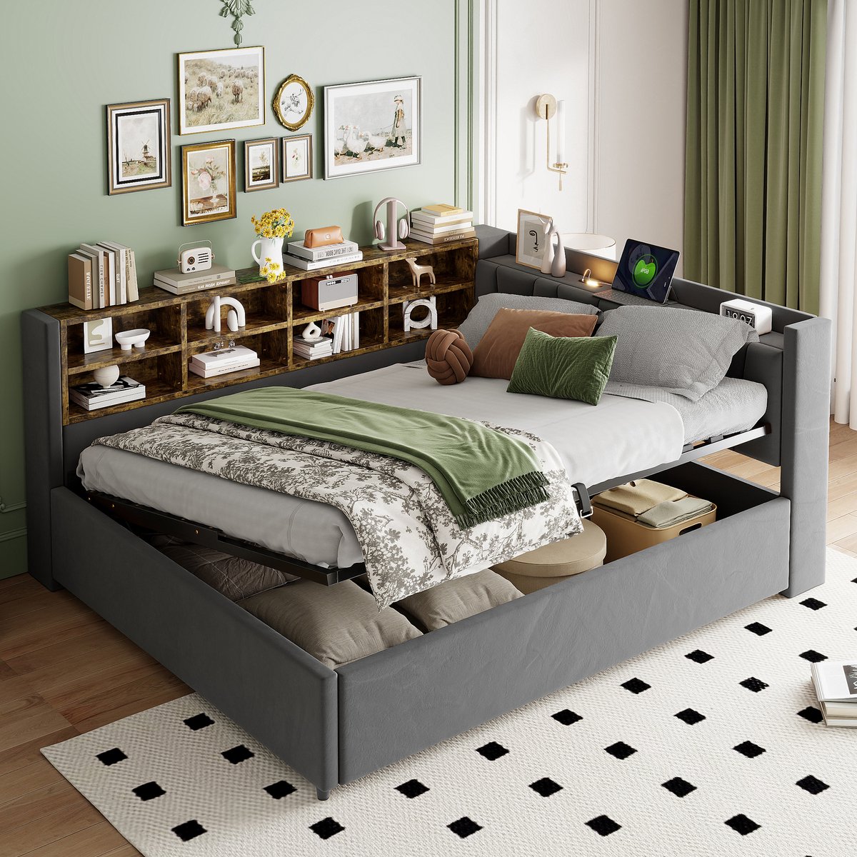 Gestoffeerd opbergbed slaapsofa - Hydraulische opbergruimte, nachtlampje en USB-C - 140x200 cm voor 2 personen - Donkergrijs fluweel - Opbergvakken in hoofdeinde - Stabiel tot 220 kg