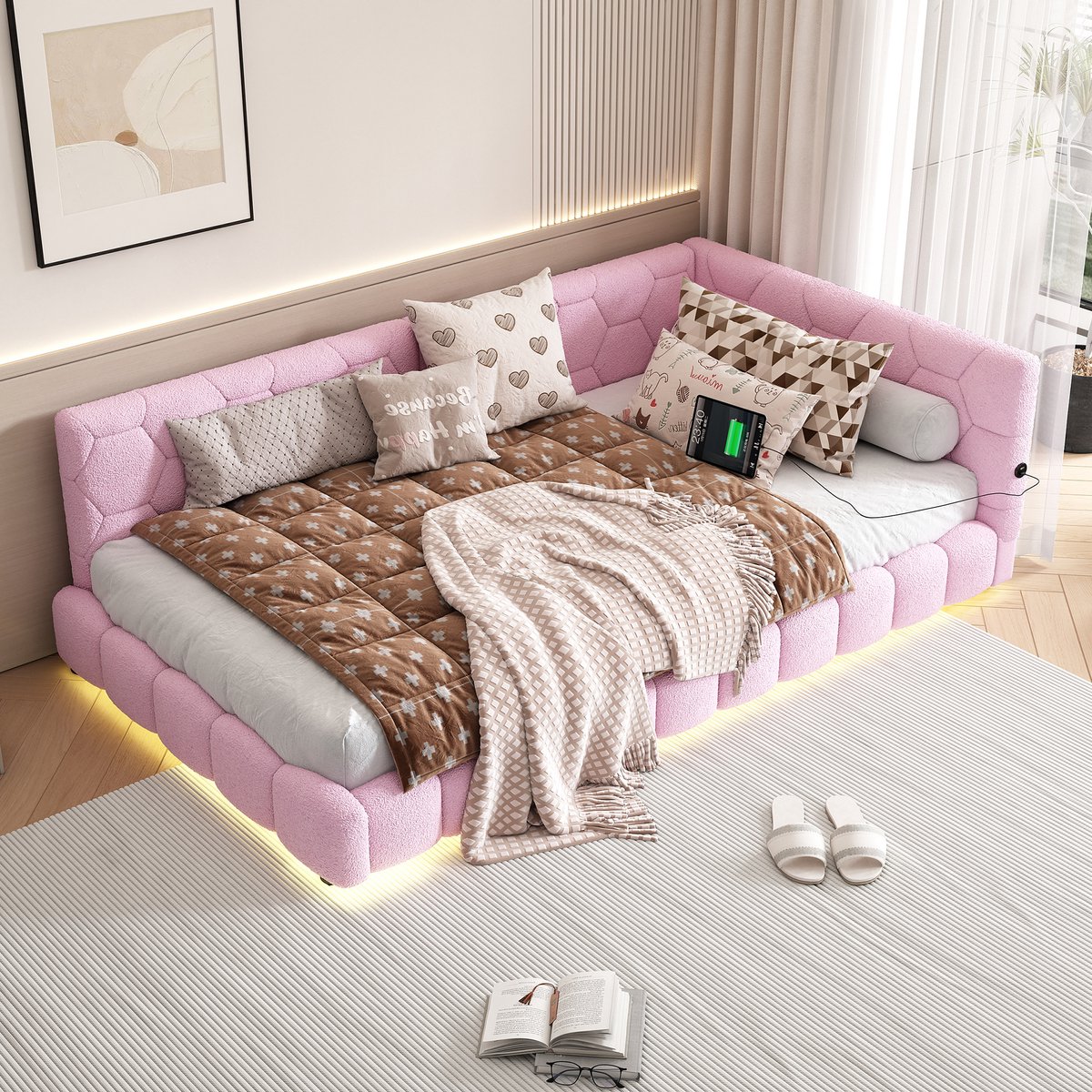 Dagbed 90x200 cm - Slaapbank met 16 kleuren LED-verlichting en USB-C oplaadfunctie - Roze - Zachte pluche bekleding - Inclusief houten lattenbodem