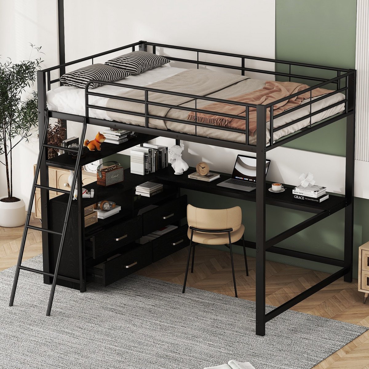 Metaal hoogslaper met L-vormig bureau en opberglades - multifunctioneel en ruimtebesparend voor tienerkamer - 140x200 cm - zwart - krasvast laminaat en stalen frame - 4 lades - exclusief matras