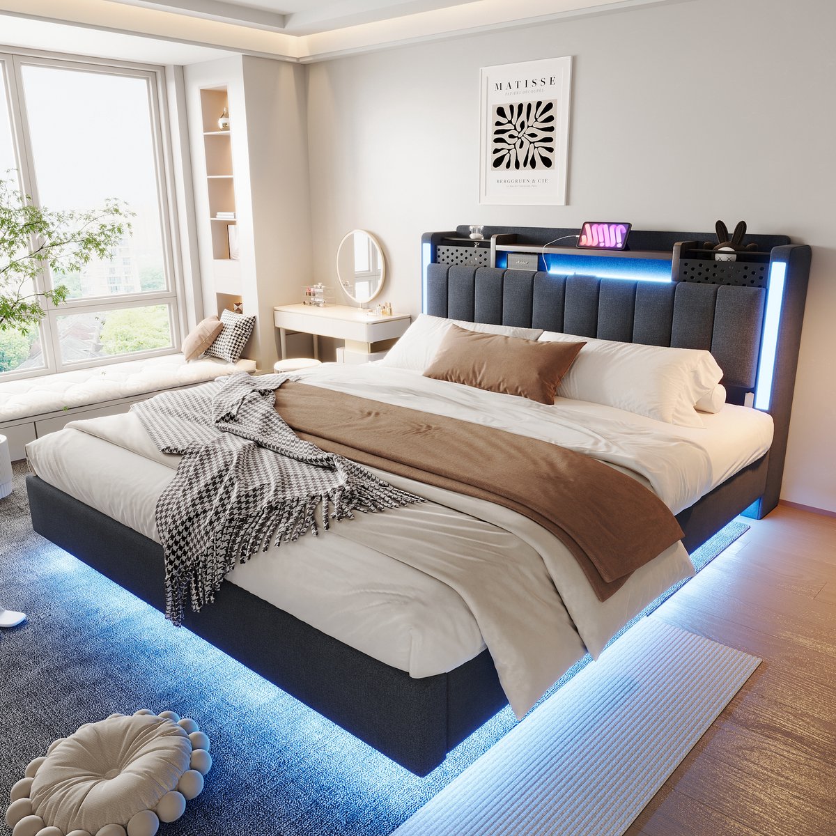 Gestoffeerd zwevend bed 160x200 cm - Geschikt voor tiener- en volwassen slaapkamer - Grijs - Opbergvak en USB in hoofdeinde - LED-verlichting rondom - Inclusief houten lattenbodem