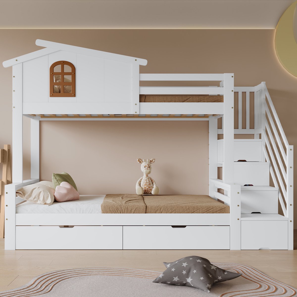 Stapelbed - speels design met raam en opbergruimte - Bovenbed 90x200, onderbed 120x200 cm - Wit+natuur - Twee uitschuifbare laden op wieltjes - Hoekladderkast met opbergvakken