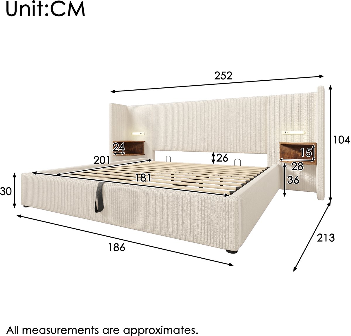 Gestoffeerd corduroy opbergbed - Nachtkastje, touch dimbare leeslamp, USB-C snelladen - 180x200 cm - 2 personen - Beige-wit - Hydraulische opbergruimte - Incl. lattenbodem