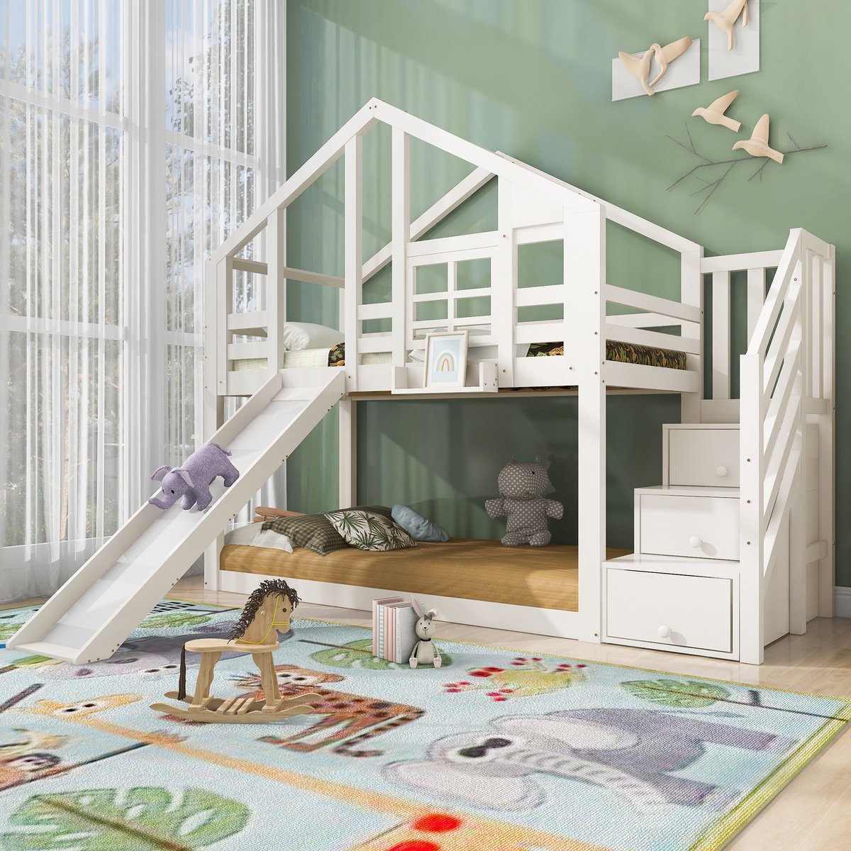 Kinderstapelbed boomhut 90x200 cm - met glijbaan, raamdesign en valbeveiliging - wit - 2x lattenbodem inbegrepen - massief grenen en MDF - opbergtrap met kasten - EN 747-1:2024 gecertificeerd