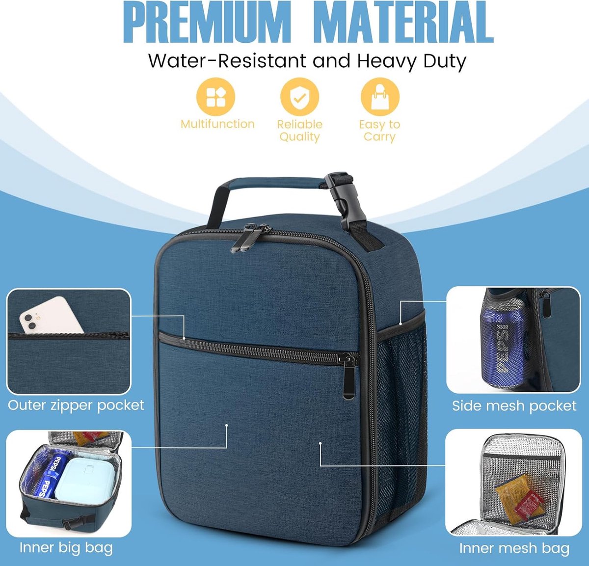 Heren Lunchtas – Herbruikbare Thermo Maaltijdtas – Compact & Geïsoleerd – Voor Werk of School – Unisex - Marineblauw — cadeau in Cadeau-ideeën - foto 3
