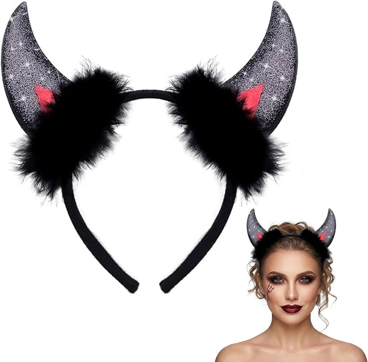 Duivelshoorns haarband voor kostuumfeest, Halloween-accessoires met hoorns voor volwassenen, zwart