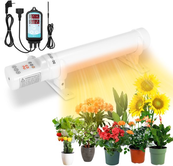Witte buisverwarming met thermostaat, stralend naar kleurrijke potplanten en zonnebloemen.