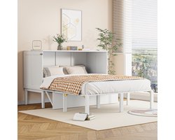 Opklapbed 140x200 cm – Verticaal Wandbed met Lattenbodem, Ruimtebesparend Bed – Wit