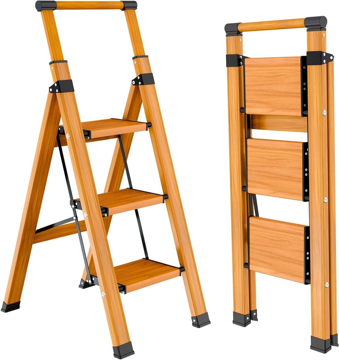 Stevige Huishoudtrap - Opvouwbare trap - Klusjes in huis - Met extra handgreep - 3 treden - Houtnerf