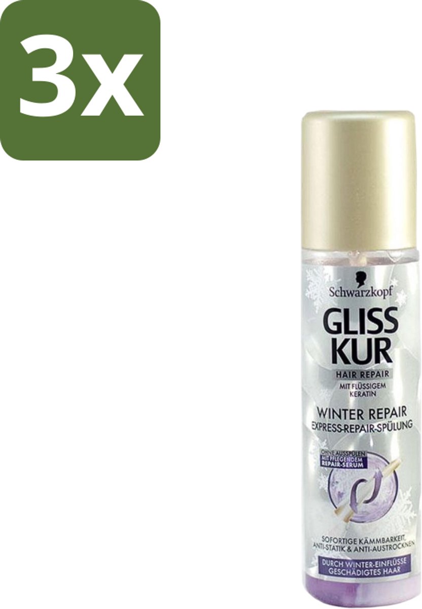 3 x Gliss-Kur - Anti-Klit Spray - Winter Repair - Makkelijke Kambaarheid - 200 ml - Anti-klit Spray - Winter Repair - Makkelijke Kambaarheid - Keratine Spray - Haar Herstel