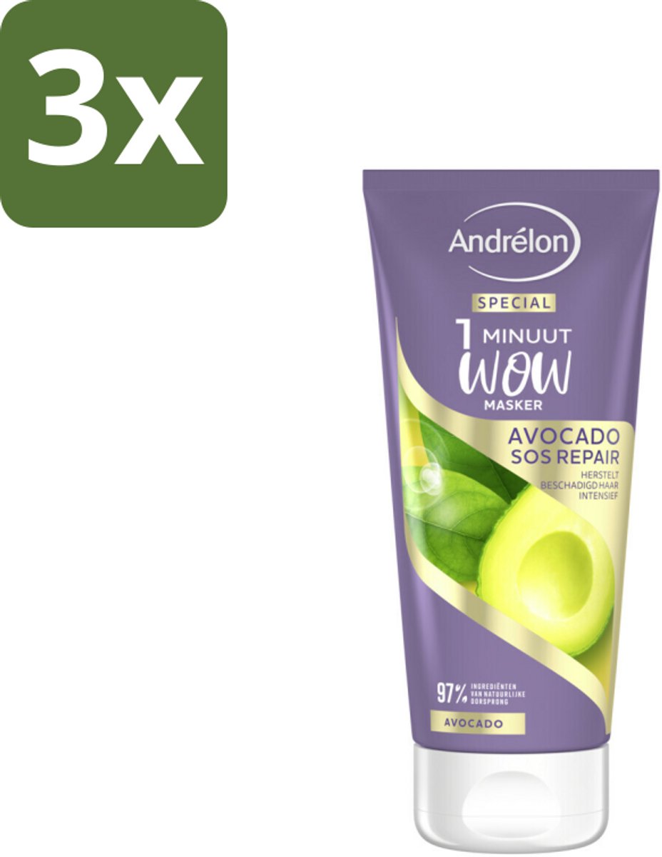 3 x Andrélon 1 Minuut Wow Masker Avocado SOS Repair 180 ml - 1 Minuut Herstel - Beschadigd Haar Herstel - Avocado Masker - Haarmasker - Haar Herstel