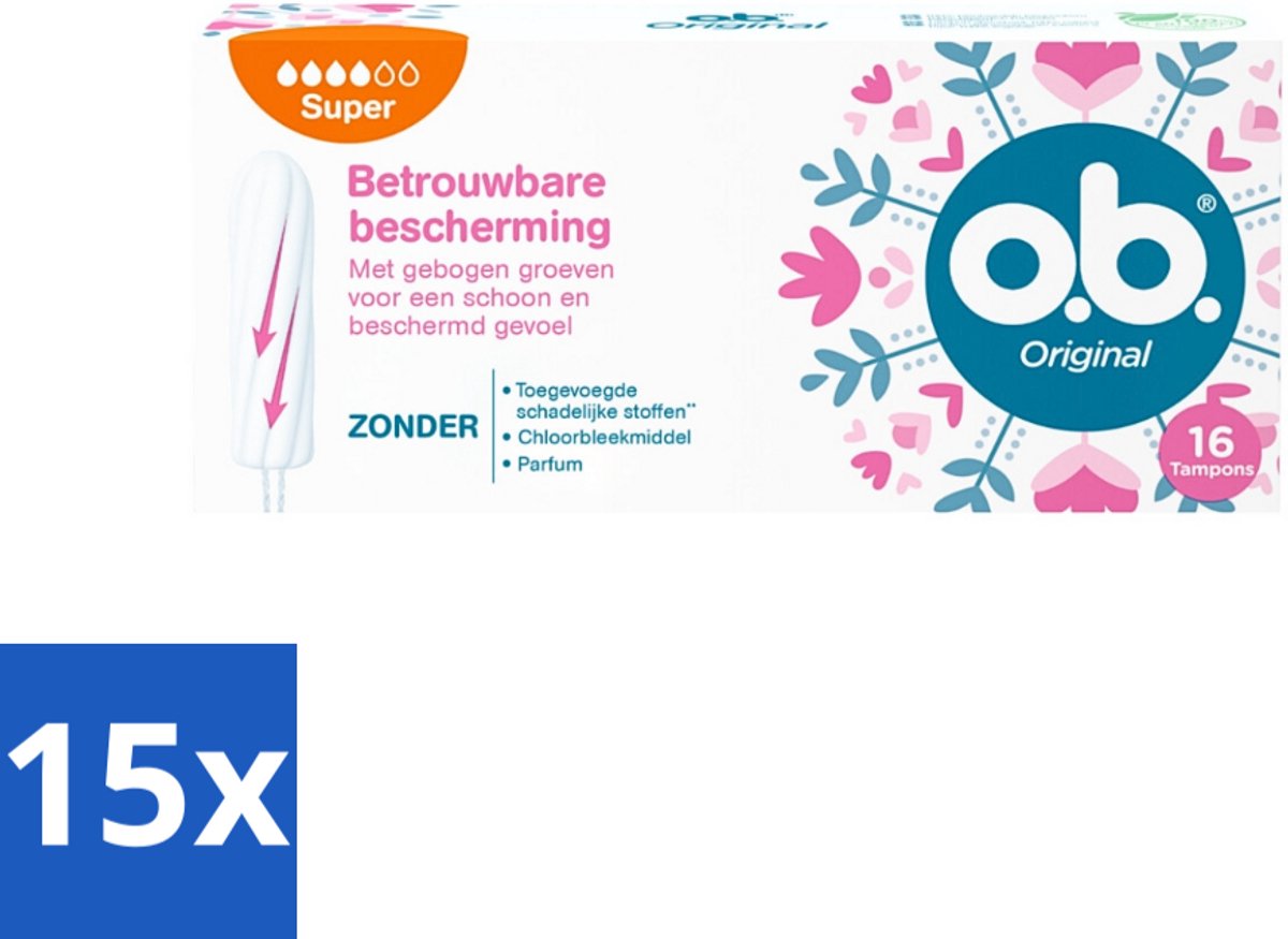 o.b. Tampons - Original Super - Gebogen Groeven - Voor Betrouwbare Bescherming - 16 Tampons - Bulkverpakking - 15 stuks