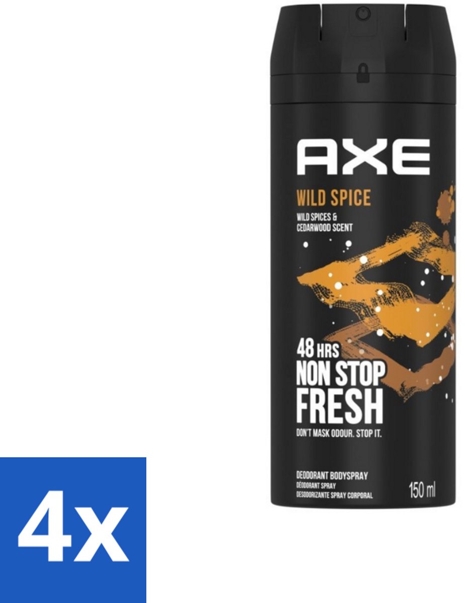 4 x Axe - Deodorant Bodyspray - 48hrs Non Stop Fresh - Wild Spice - Wild Spices & Cedarwood - 150 ml - Axe Wild Spice - Deodorant Bodyspray - Cederhout Geur - Frisse Geur - Anti-geur