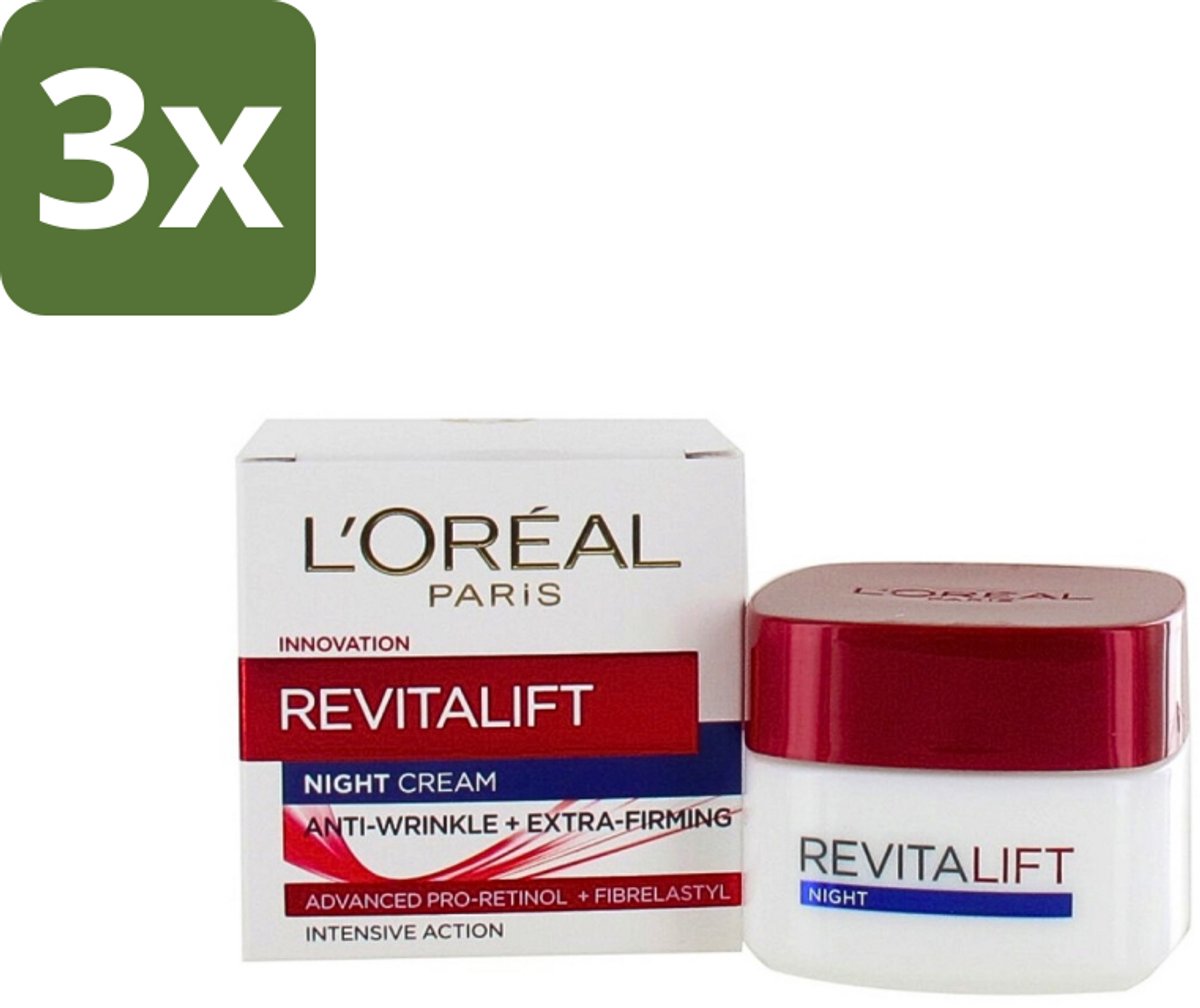 3 x L'Oréal Revitalift - Nachtcrème - Anti-Rimpel - Hydraterend en Verstevigend - 50 ml - Anti-rimpel Crème - Nachtcrème - Anti-aging Crème - Hydraterende Crème - Huidversteviging