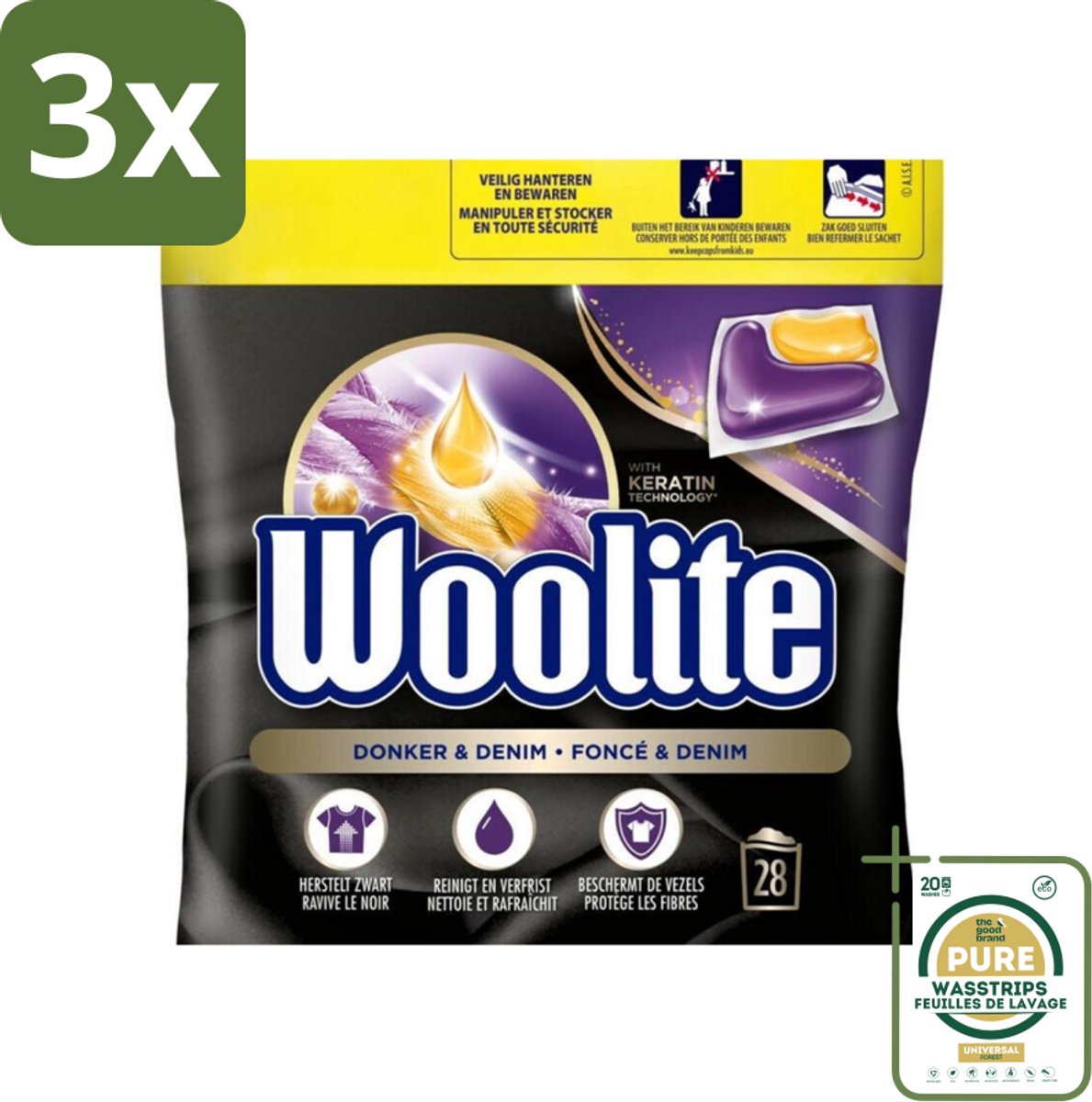 3 x Woolite Dark - Wasmiddelcapsules - Met Keratine - Donkere & Denim Was - 28 Wasbeurten - Grootverpakking - Donker Wasmiddel - Denim Wasmiddel - Keratine Wasmiddel - Donkere Kleding Beschermen - Kleurbehoud