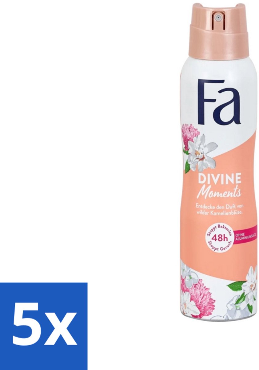 5 x Fa - Divine Moments - Deodorant Spray - Wilde Cameliabloesem - 150 ml - Deodorant Spray - Anti-vlekken - Huidvriendelijk - Wilde Cameliabloesem - Frisheid