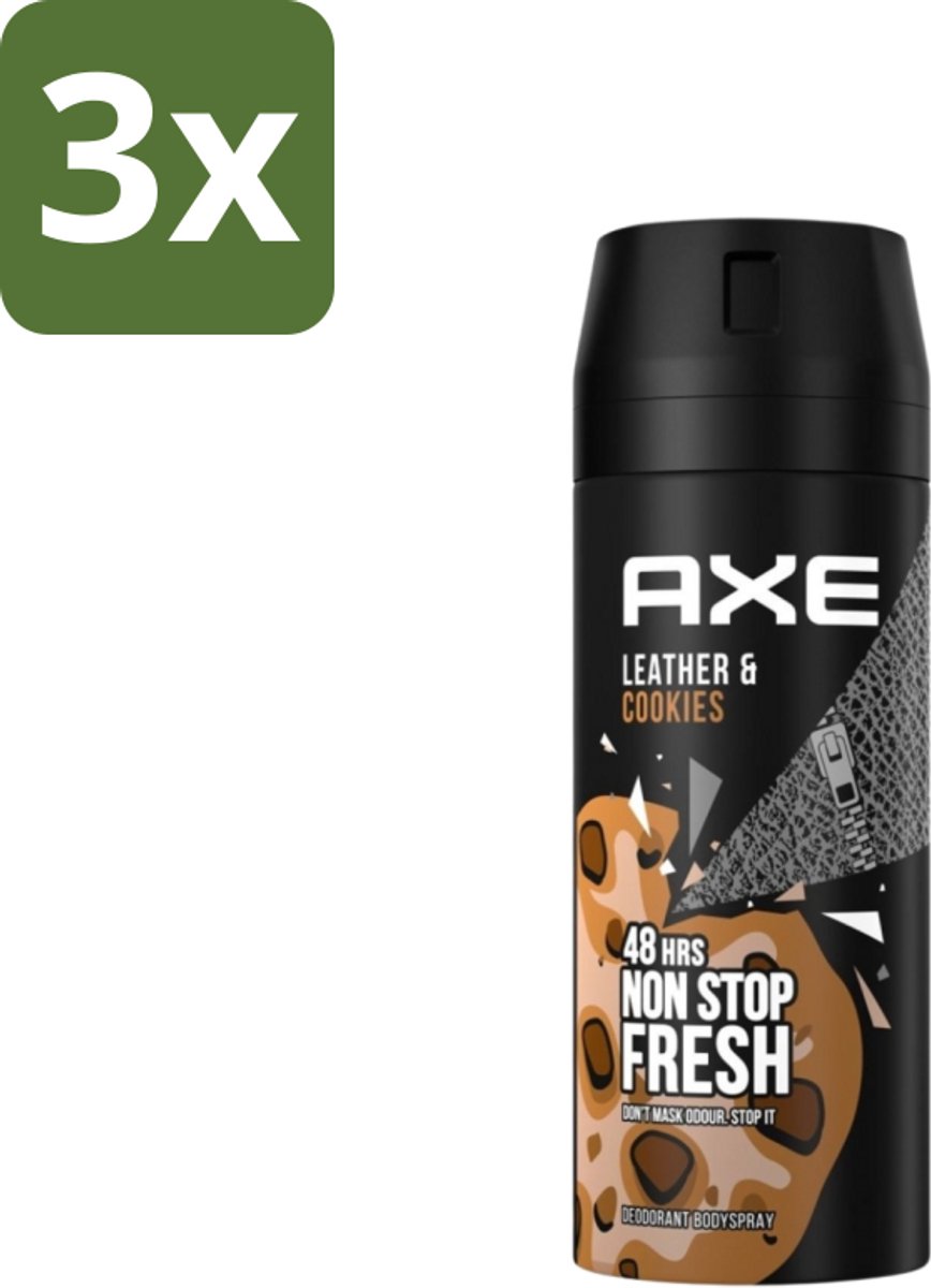 3 x Axe - Deodorant Bodyspray - 48hrs Fresh - Leather & Cookies - 150 ml - Deodorant - Bodyspray - 48 Uur Bescherming - Leer En Koekjes Geur - Zinktechnologie