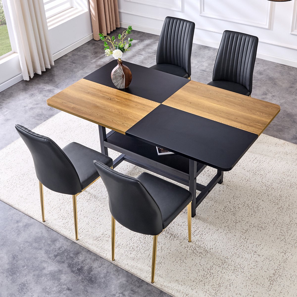 Wishdor Set tafel en stoelen - 4 stoelen - Opbergrek - Modern - Woonkamer eetkamer keuken - Hout metaal kunstleer - Zwart goud houtkleur - 160 x 90 x 76 cm