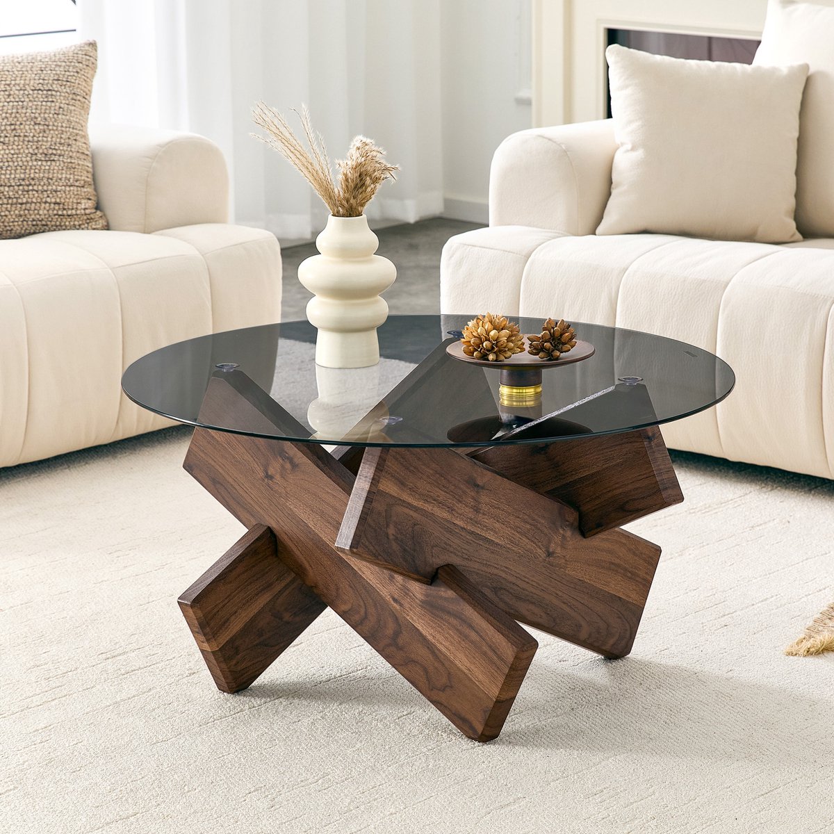 STILVORA Salontafel - Rond Glasblad Met Gehard Glas En Stevige MDF Onderbouw - Modern Voor Woonkamer - Walnoot - Ø 79 Cm
