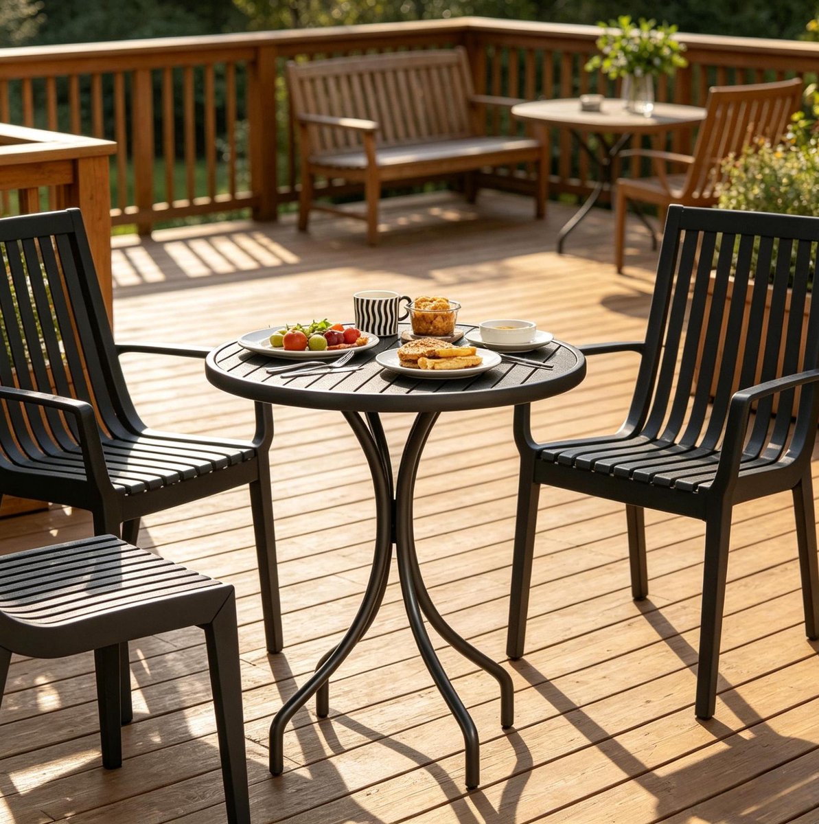 OKWISH Tuintafel - Rond - Bistrotafel Voor Buiten - Groefvormig Tafelblad - Verzinkt Staal - Zwart - 66 Cm