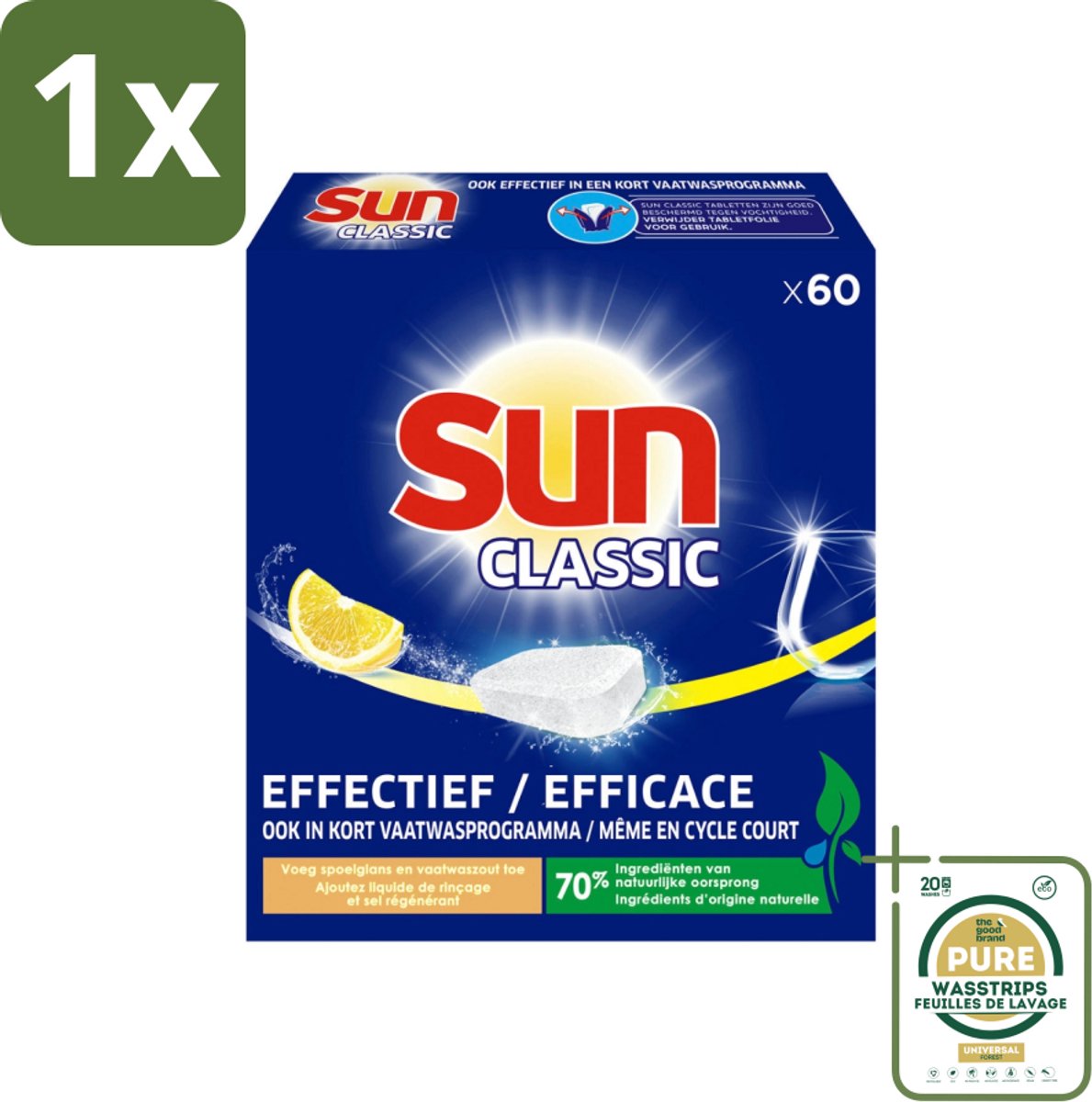 1 x Sun Classic - Vaatwastabletten - Voordeelverpakking - Citroen - 60 Tabletten- Vaatwastabletten - Citroengeur - Vaatwasser - Fosfaatvrije - Milieuvriendelijk